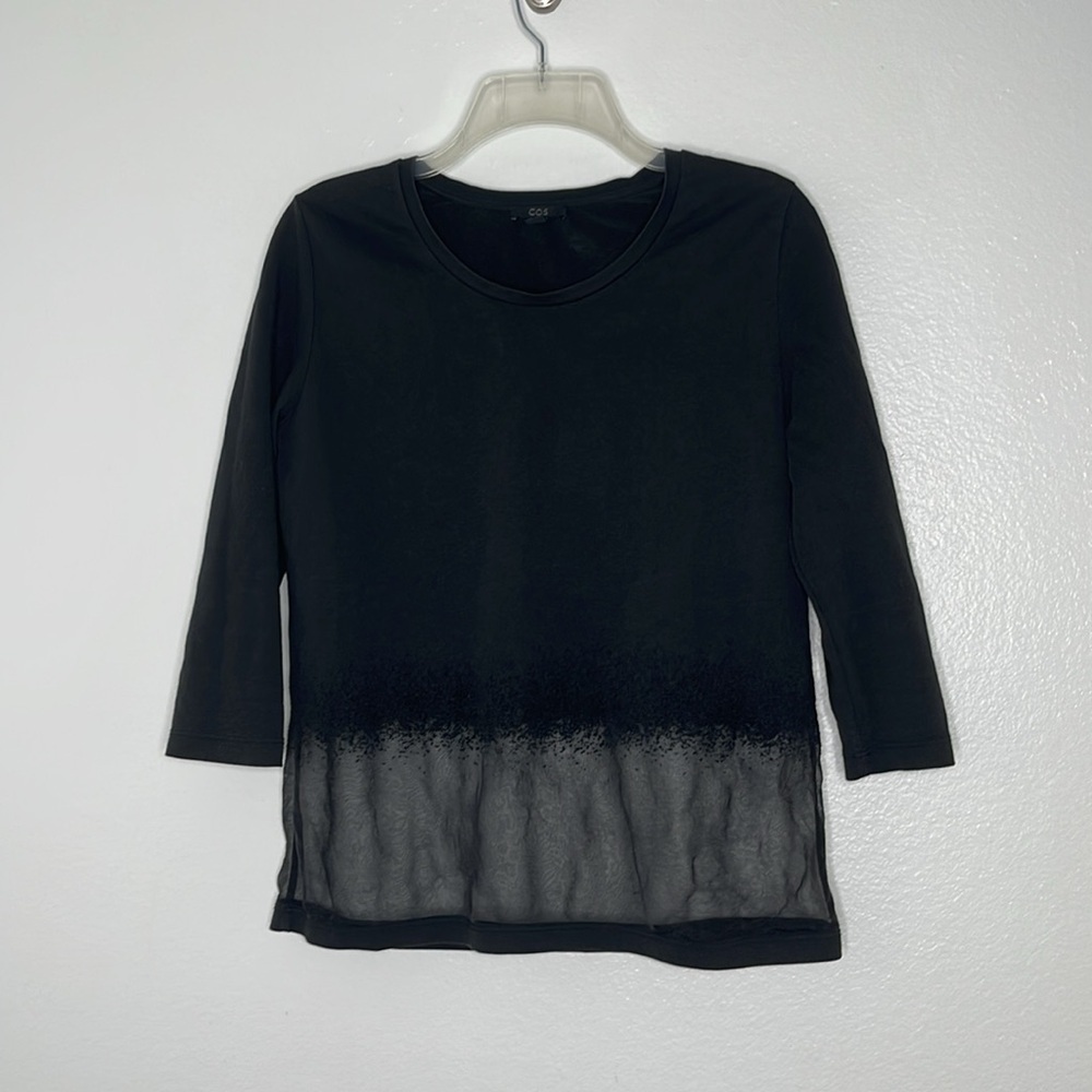 COS Women's Black 3/4 Sleeve Burnout & Cheer Detail Hem Top Blouse Size Small